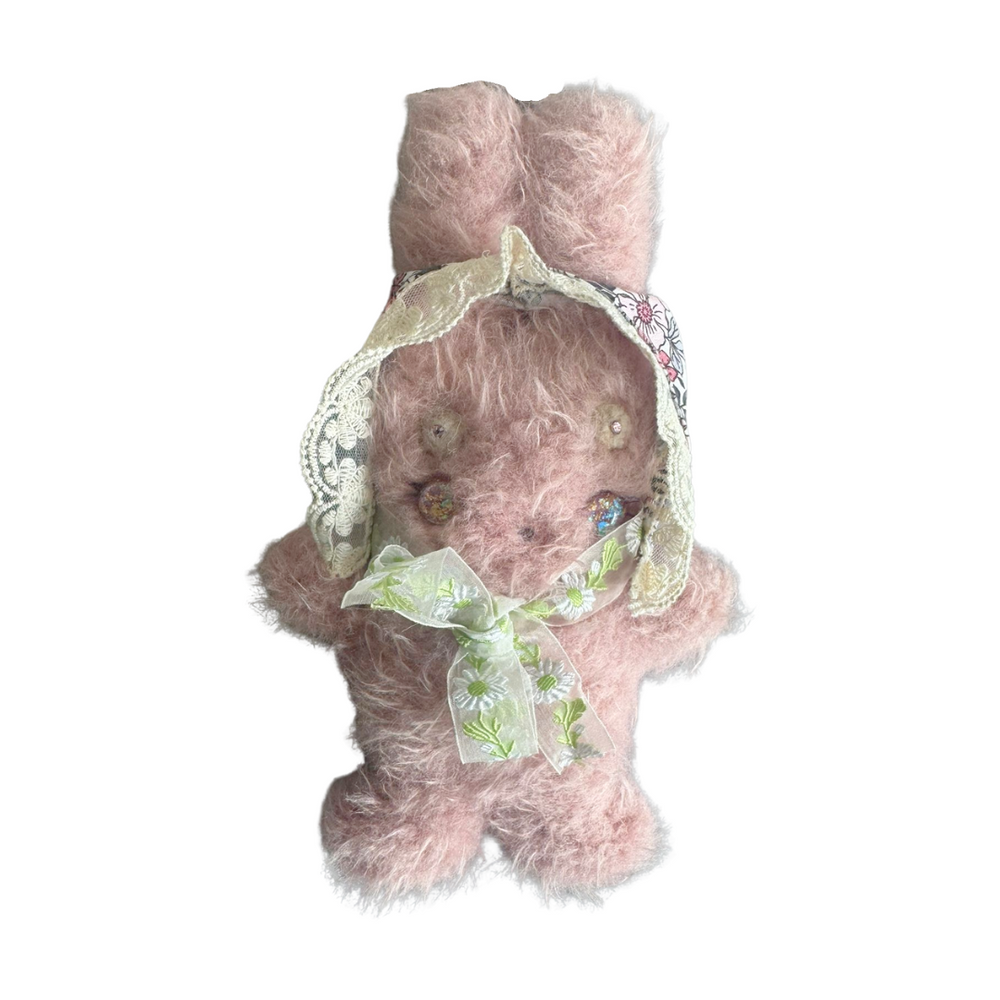 Dusty pink fluffy bunny plush with daisy-embroidered bonnet and glittery eyes – handmade vintage-inspired soft toy from Mimi Planet