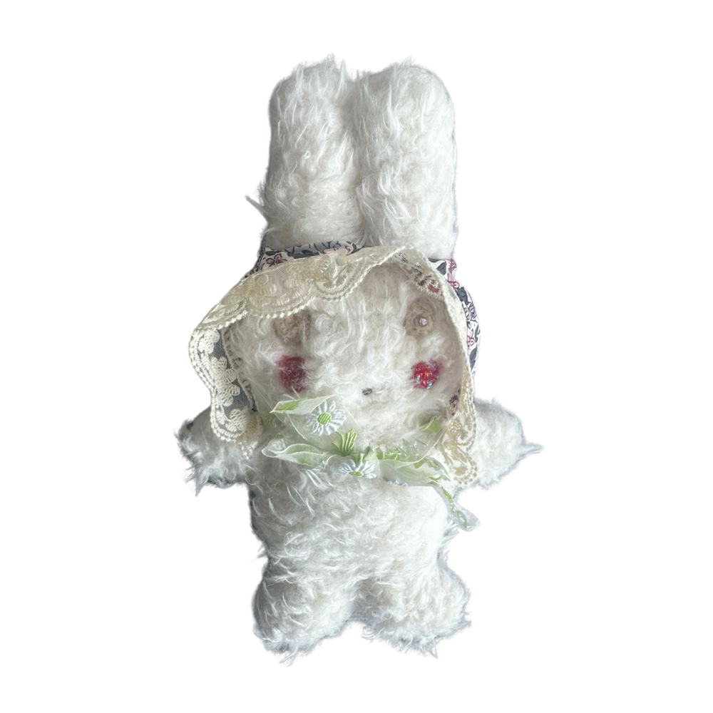 Handmade white plush bunny doll with vintage lace bonnet and green floral ribbon – cottagecore-inspired Mimi Planet collectible toy