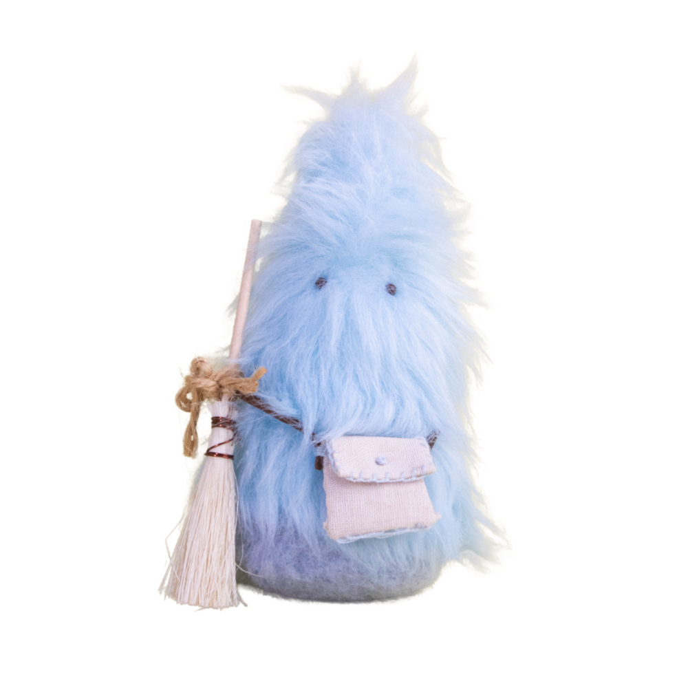 Hand-sewn blue Daawe plush with miniature broom and herb pouch – herbal-themed fantasy plush toy by Mimi Planet