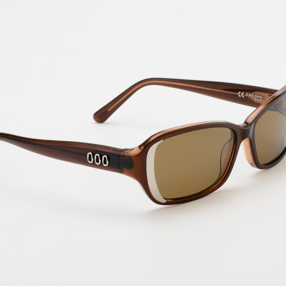 Brown sunglasses with a white stripe on a white background