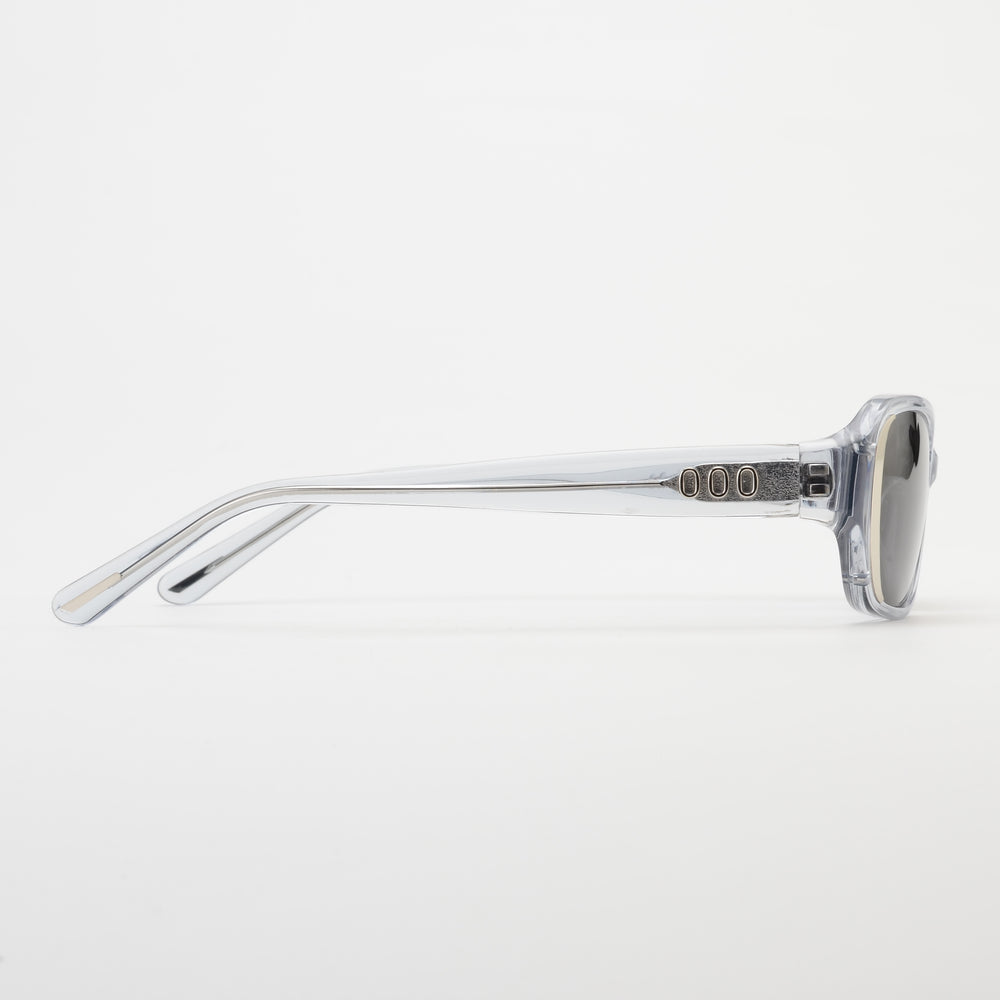 Sunglasses with a clear frame and reflective lenses on a white background