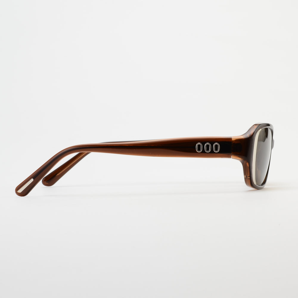 Sunglasses with brown frame and reflective lenses on a white background