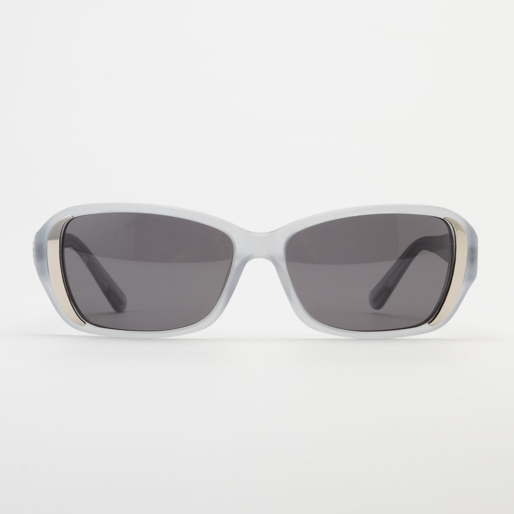 White sunglasses with dark lenses on a light gray background