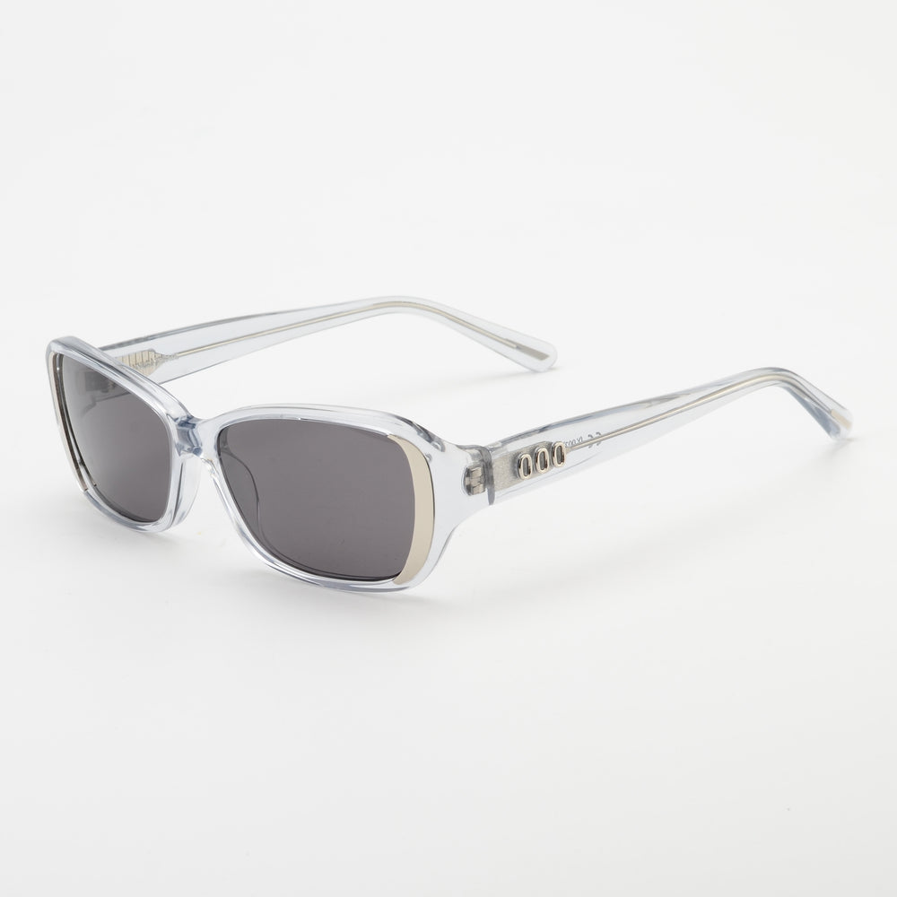 Clear frame sunglasses with dark lenses on a white background