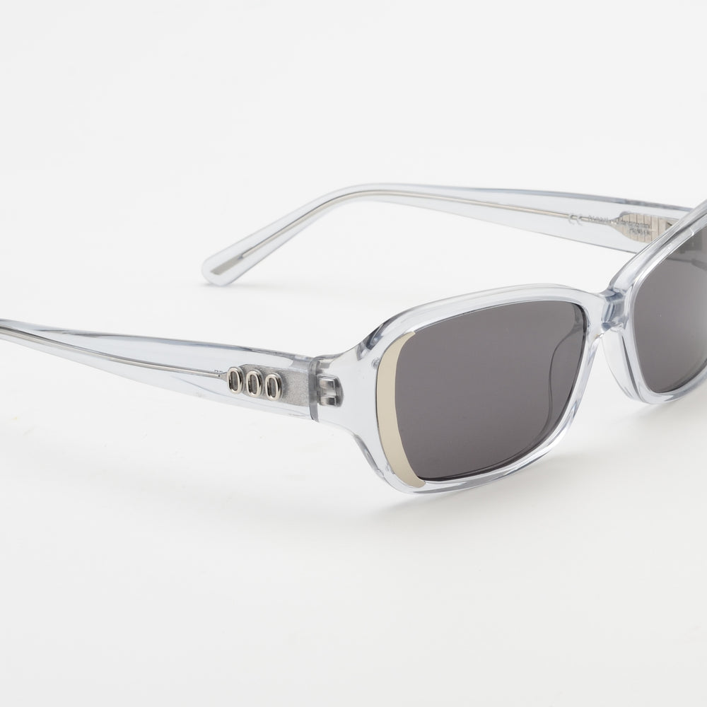 Clear frame sunglasses with dark lenses on a white background