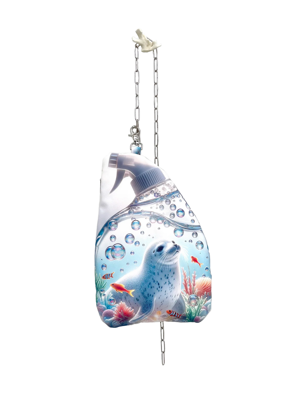 Spray bottle with fish design on a white background