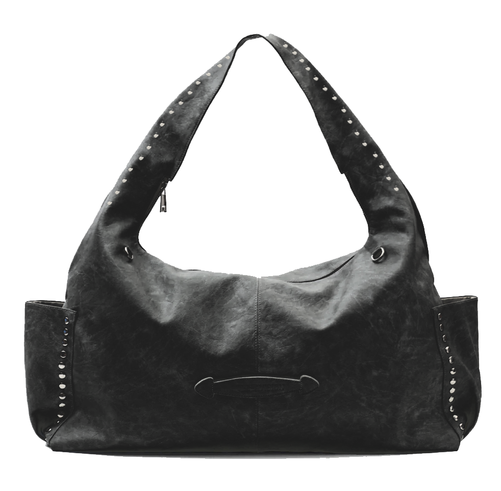 Black leather handbag with studs on a white background