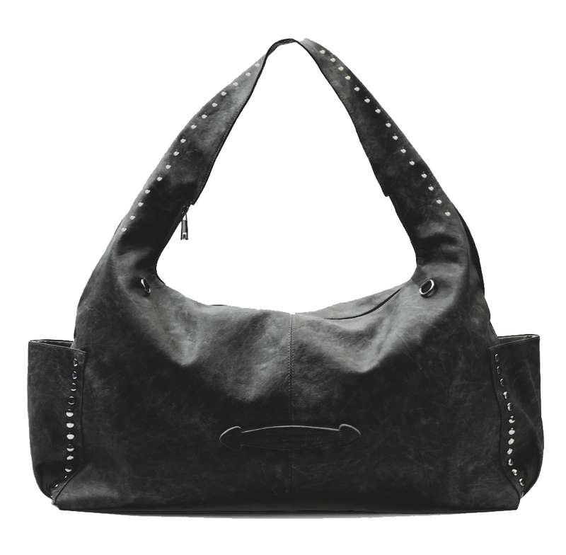 Black leather handbag with studs on a white background