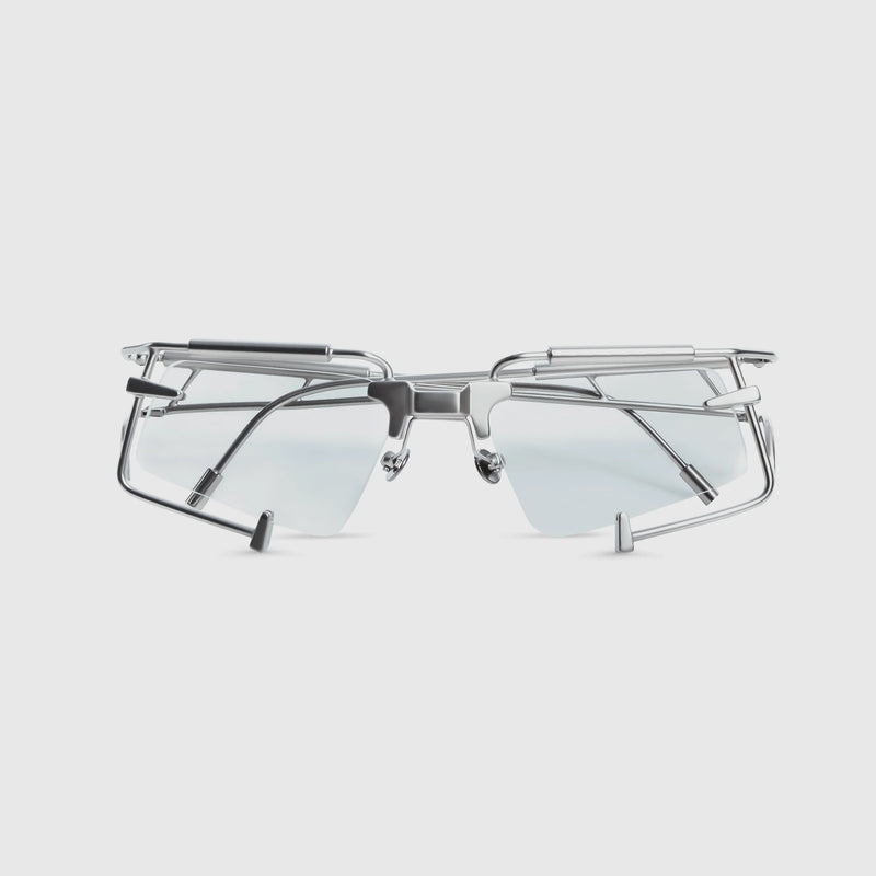 Sleek, futuristic eyeglasses on a light gray background