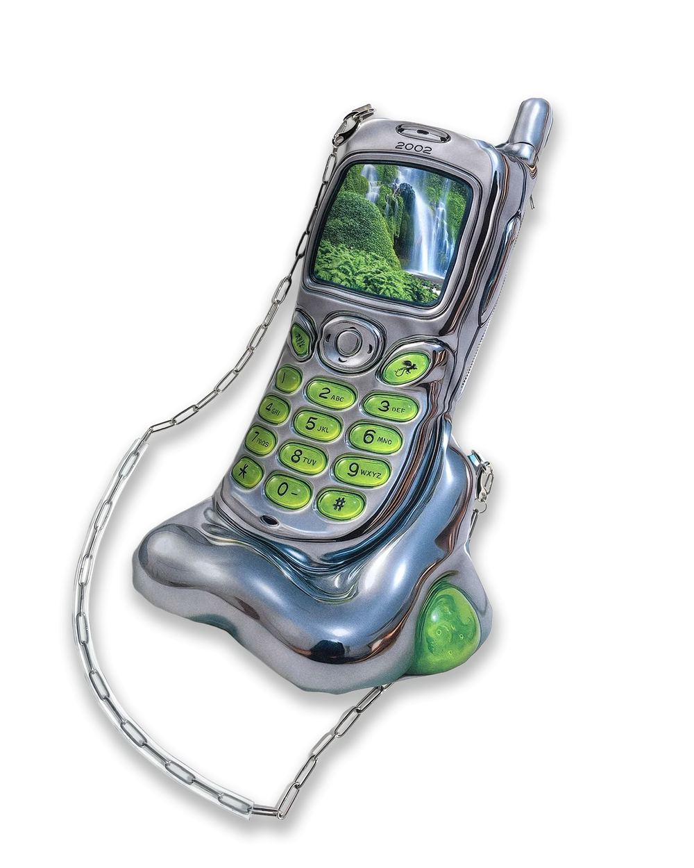 Vintage flip phone with green keypad and screen on a white background