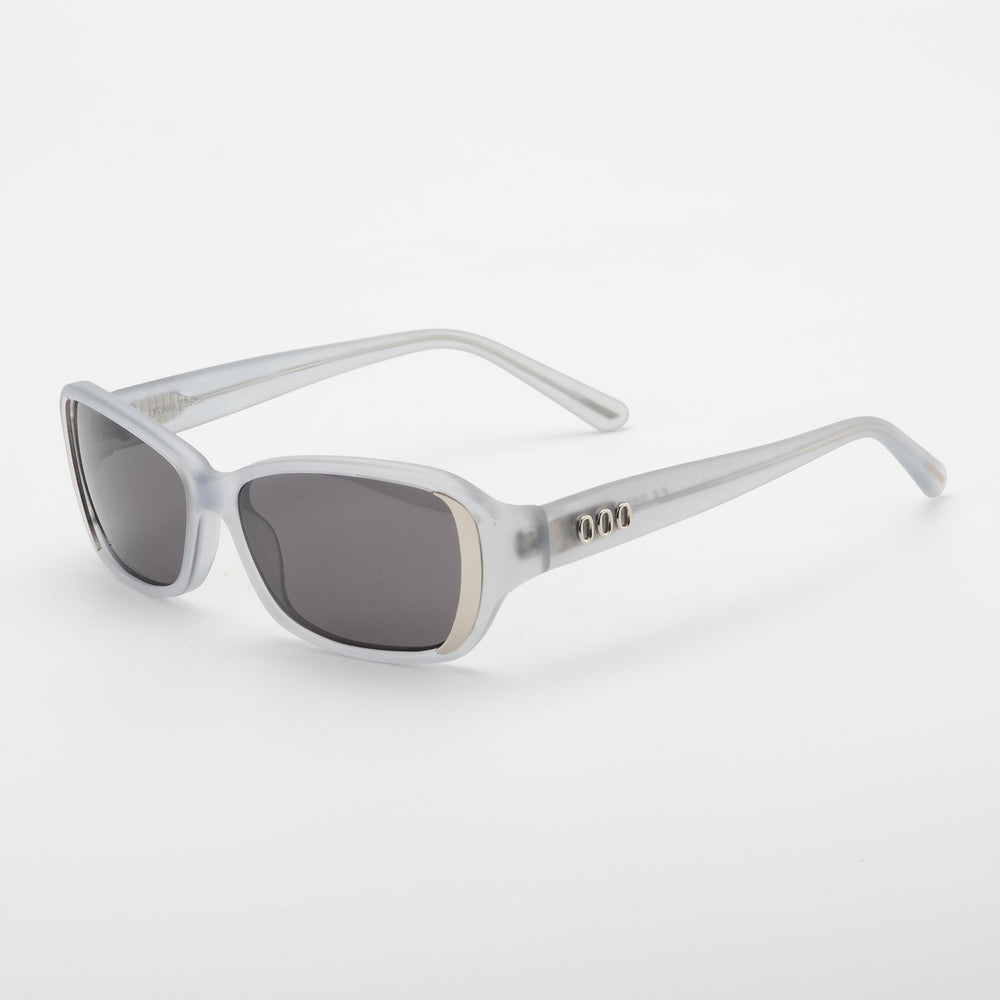 Sunglasses with clear frame and dark lenses on a white background