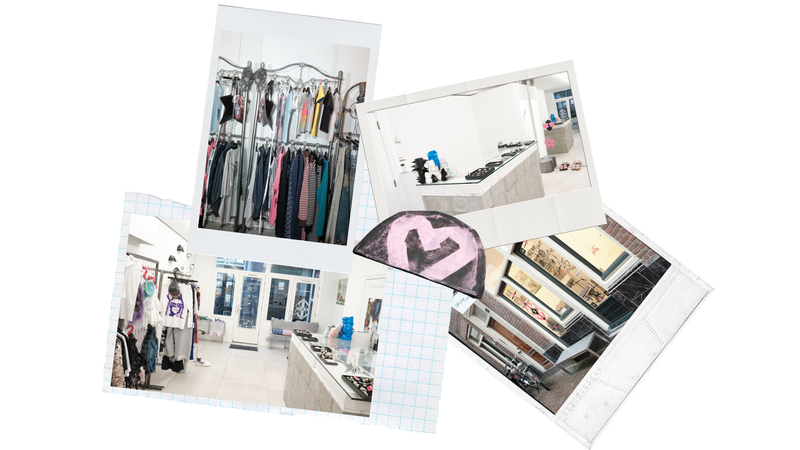 Collage of Dream Unit store interior, including clothing racks, display counter, entrance view, and exterior storefront.”