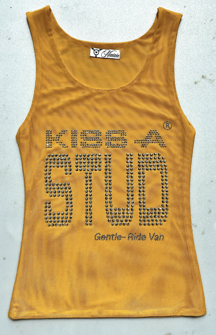 Sunset yellow rhinestone mesh stud top by Maizie — product view