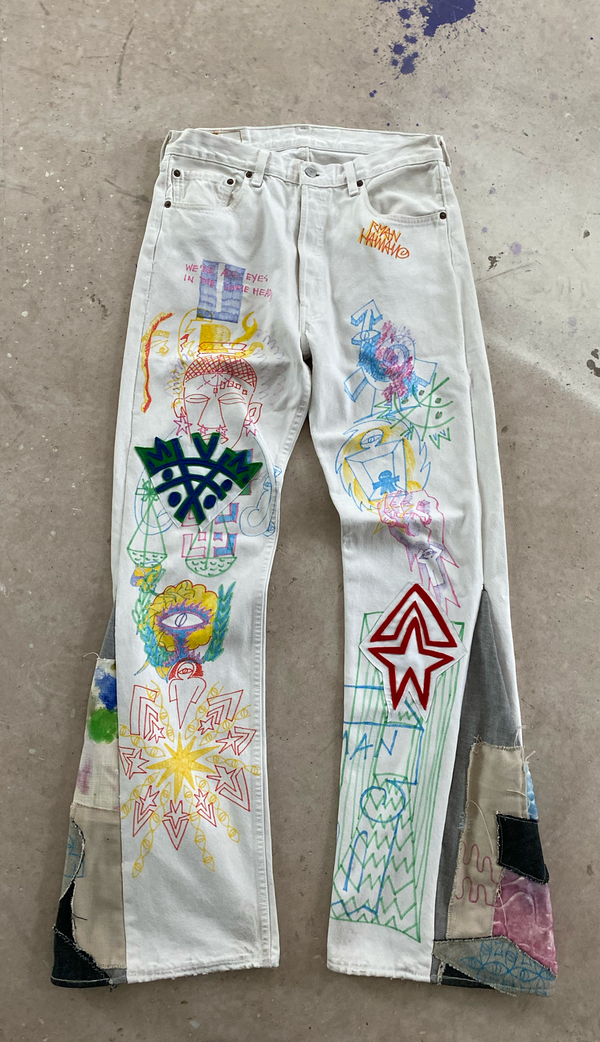 24 Hours Fasting upcycled flared jeans by Ryan Hawaii — product view