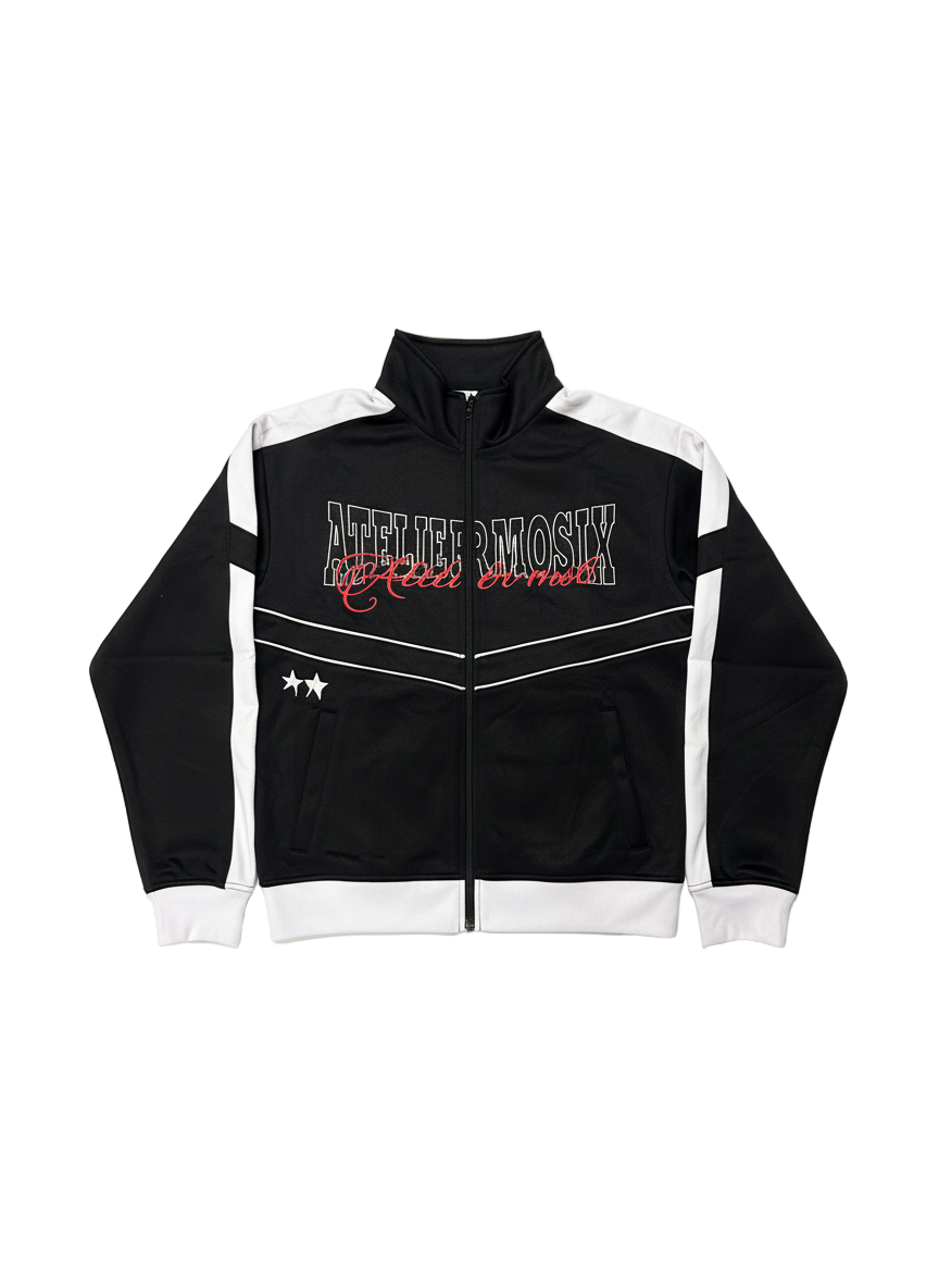 Black Shield track jacket front view by Atelier mo6 – Dream Unit Amsterdam
