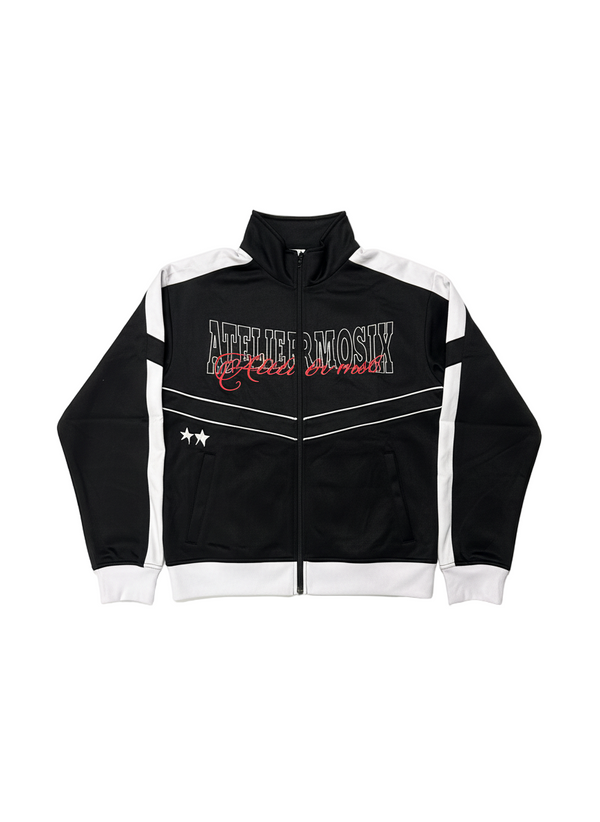Black Shield track jacket front view by Atelier mo6 – Dream Unit Amsterdam