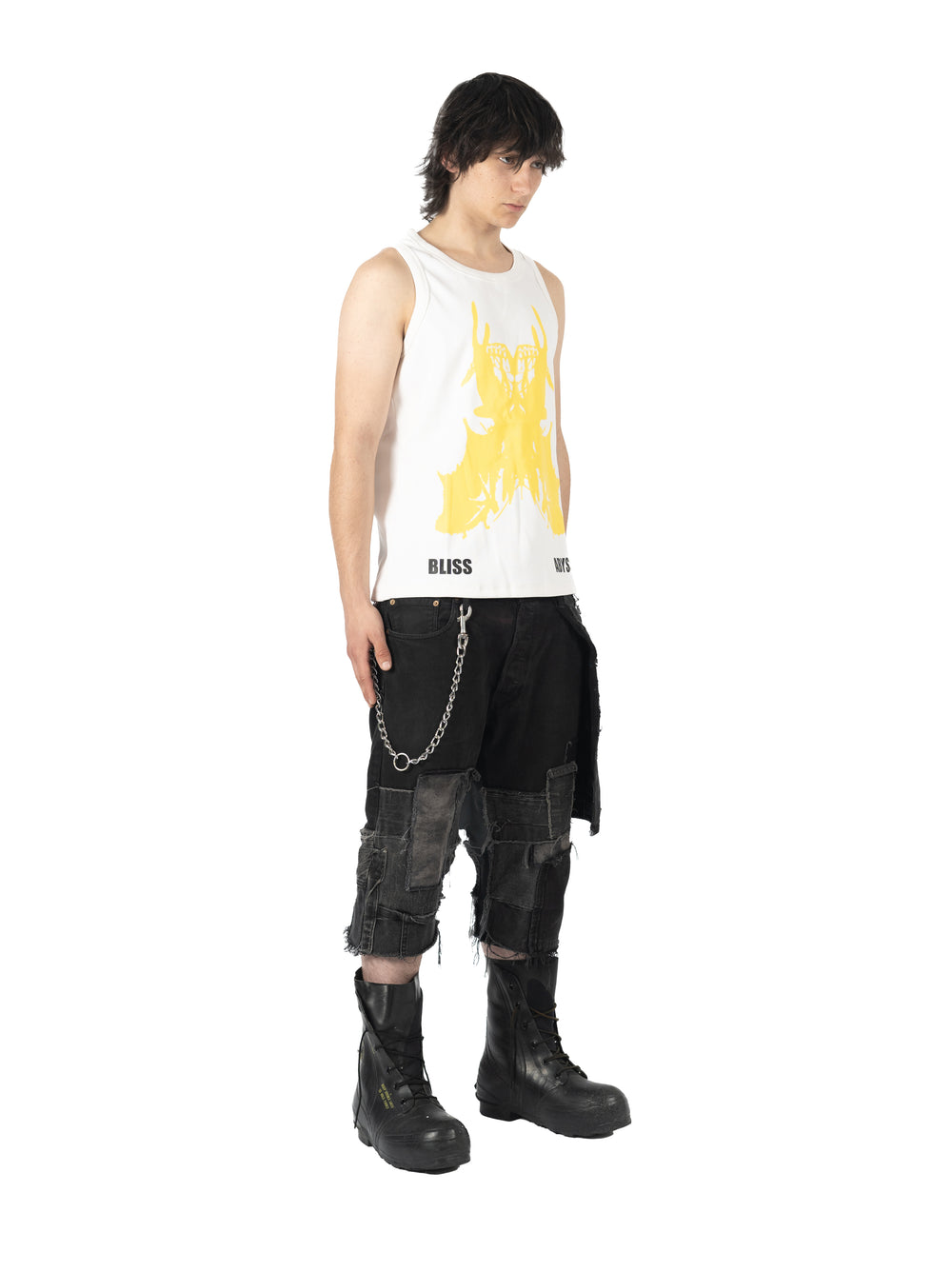 White man looking to the side and wearing a white tank top