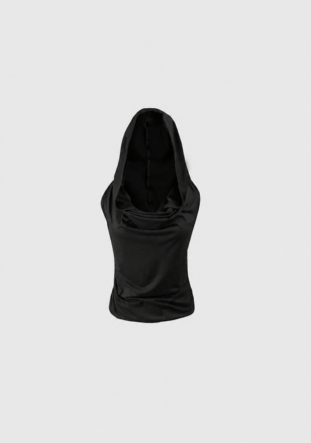 Black hooded top on a light gray background