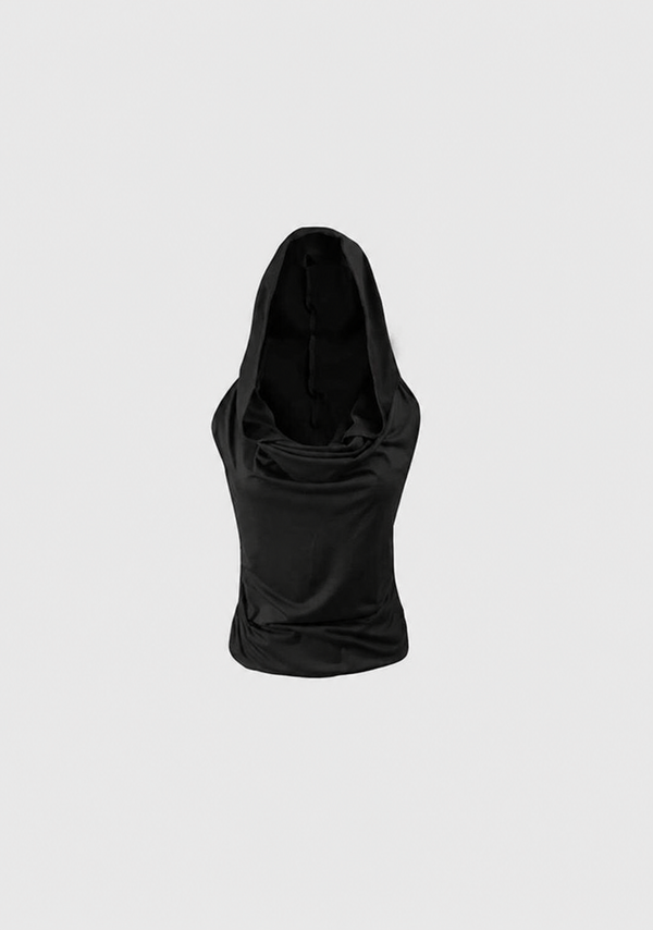 Black hooded top on a light gray background