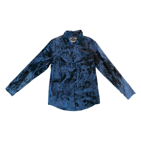 Blue and black upcycled shirt by Humble Hustle — product view