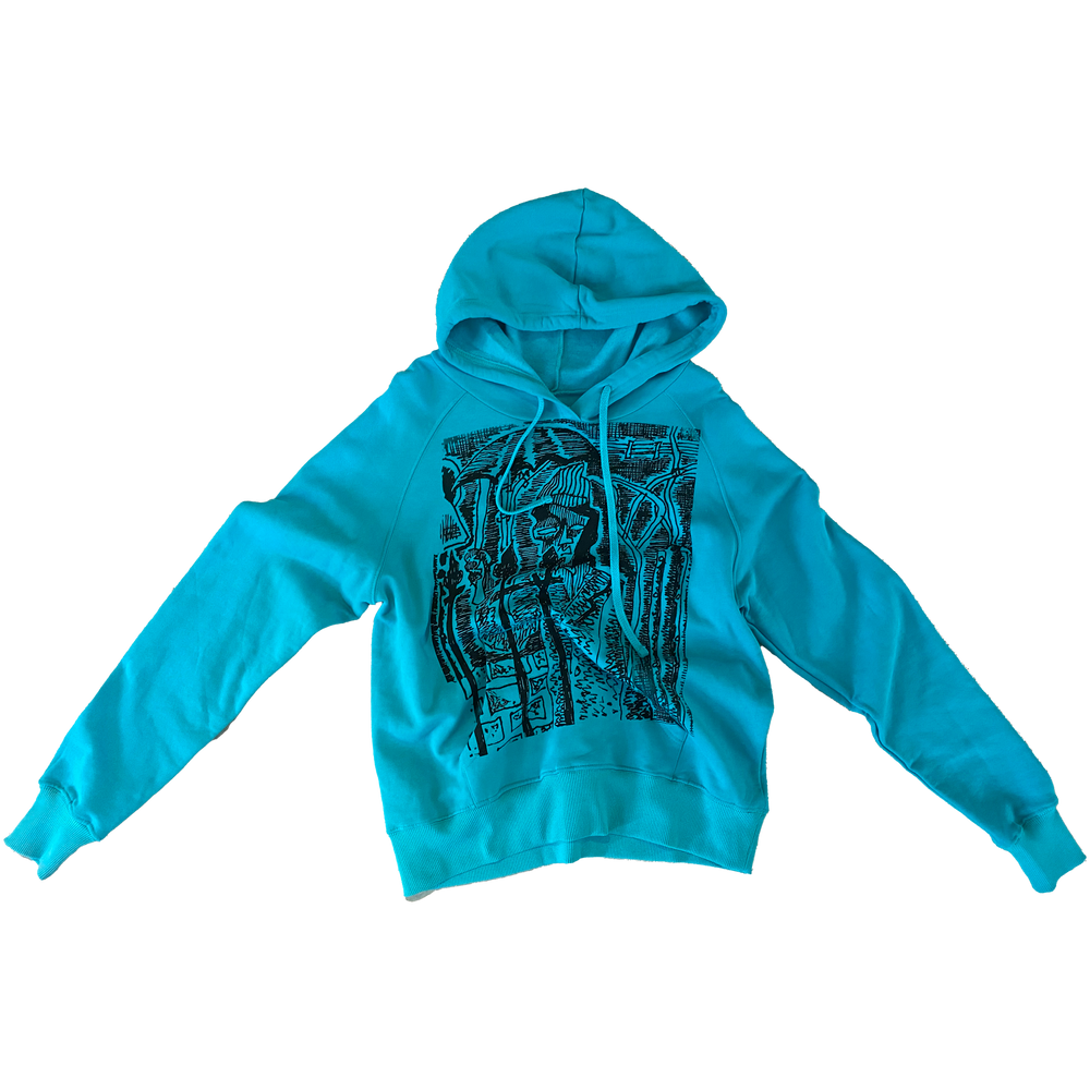 Blue printed upcycled hoodie by Ryan Hawaii — product view