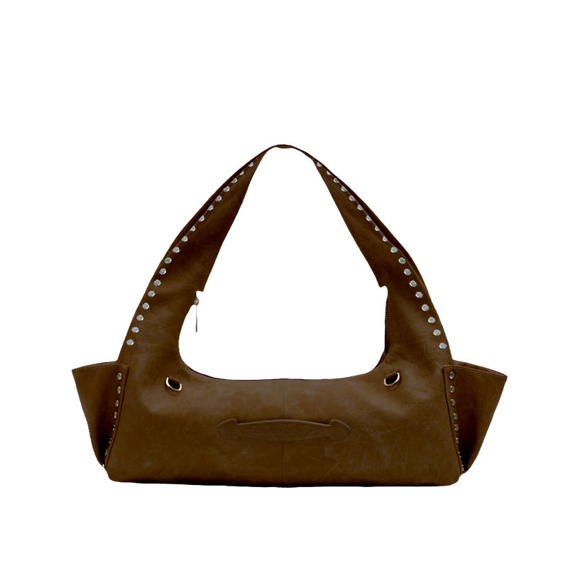 Brown handbag with studded details on a white background
