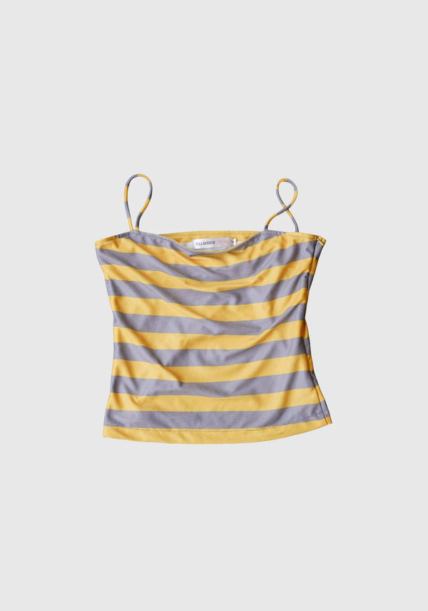 Yellow and grey horizontal striped spaghetti strap tank top displayed flat on light grey background.