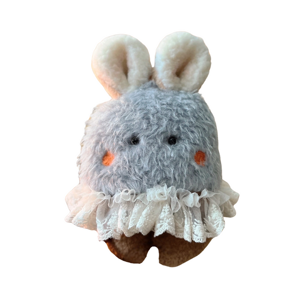 Handmade grey bunny plush with white lace skirt and floppy ears – soft toy from Mimi Planet, chocolate egg-inspired design, kawaii collectible.”
