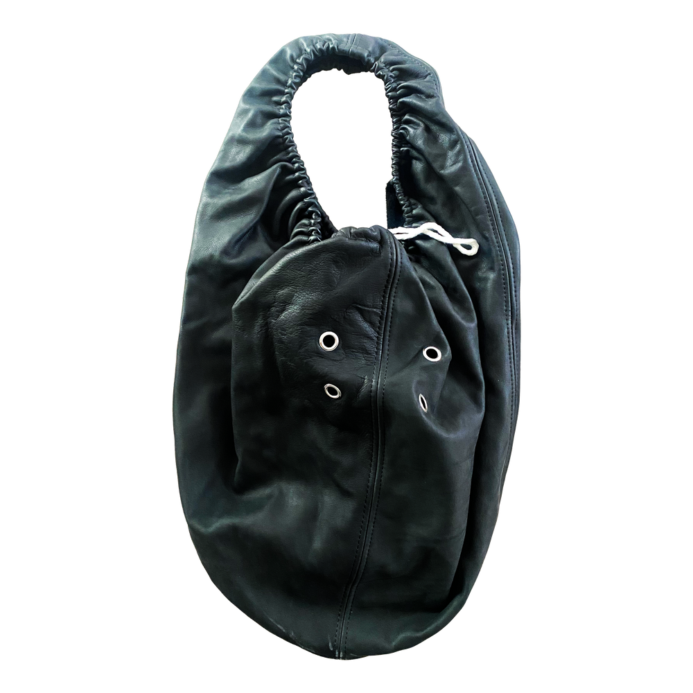 Black handmade leather crossbody bag by Finn van der Wal — product view