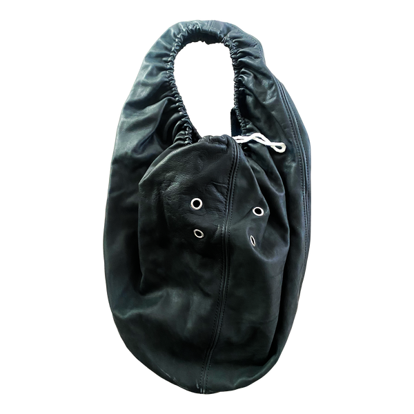 Black handmade leather crossbody bag by Finn van der Wal — product view