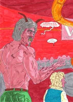 Comic panel illustration showing a muscular character with horns and long gray hair, standing shirtless with a menacing expression in a red-toned background. He appears to be speaking to a younger character with curly blonde hair in a blue sweater. The scene has a surreal, intense atmosphere, with speech bubbles adding dialogue between the characters