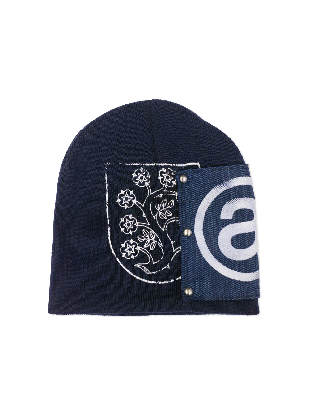 Navy blue beanie with floral design and logo on a white background
