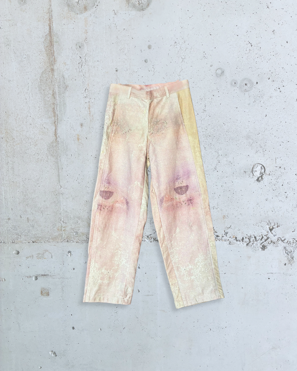 Front view of Foresight BARREL PANTS PINK by Tellavision featuring a pastel washed finish with faded pink, cream, and yellow tones.