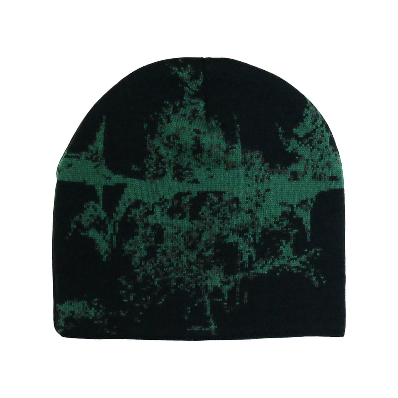 “A black knit beanie featuring an abstract green graphic design resembling a textured, splattered pattern that extends across the surface. The hat has a snug, rounded shape with no visible logos or embellishments.”