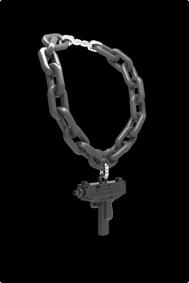 “A bold necklace featuring a chunky black chain with a silver clasp, adorned with a detailed pendant in the shape of a miniature submachine gun. The design is set against a solid black background, emphasizing its striking and edgy aesthetic.”