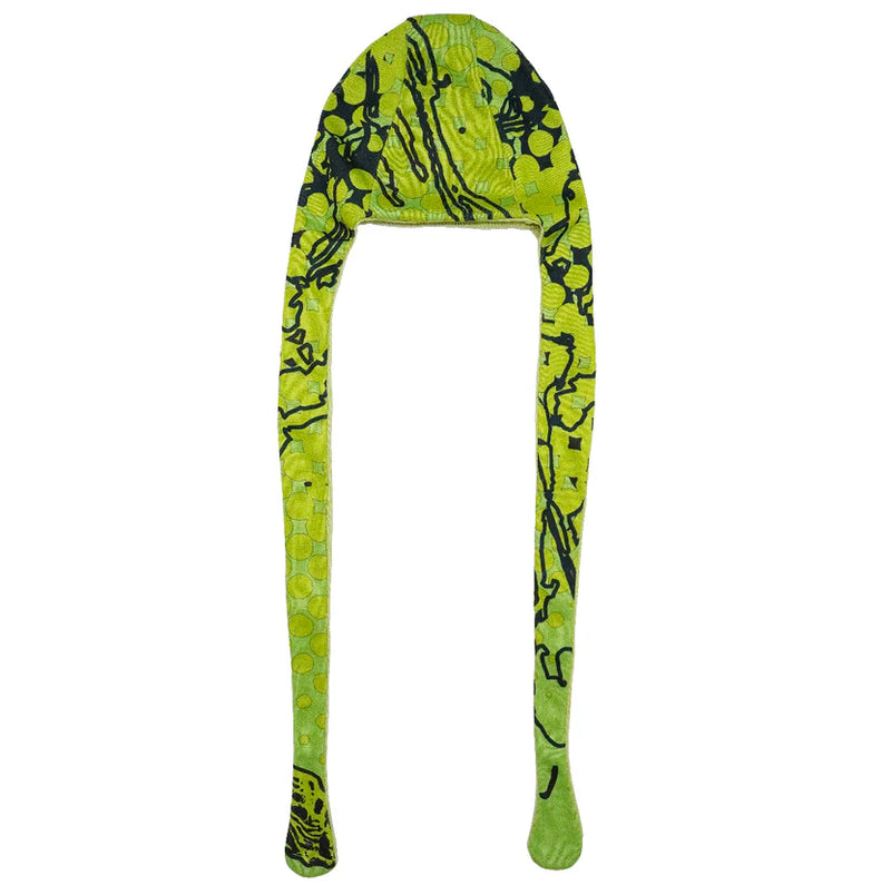 Green beanie with black abstract patterns on a white background