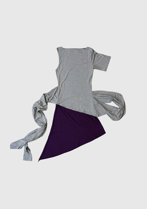 Grey and deep purple asymmetrical mini dress with one sleeve, draped side ties, and fitted silhouette displayed flat on light grey background.