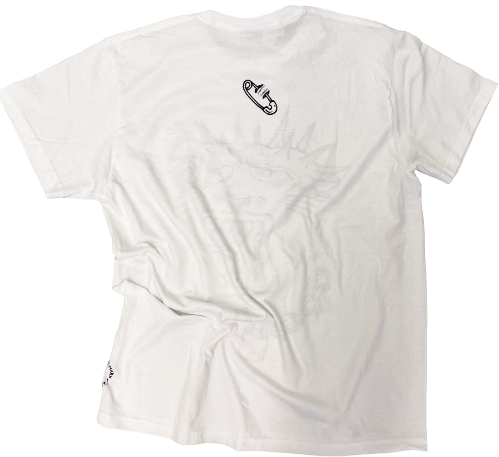 White t-shirt with a small black logo on the back against a white background