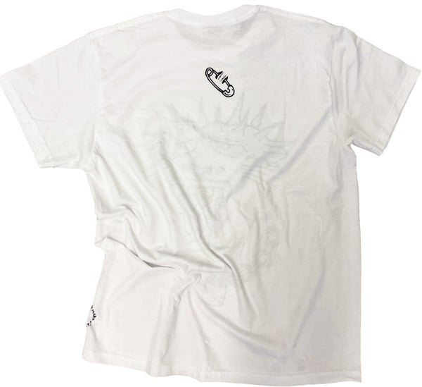 White t-shirt with a small black logo on the back against a white background