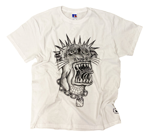 White t-shirt with a black graphic design of a fierce animal on a white background