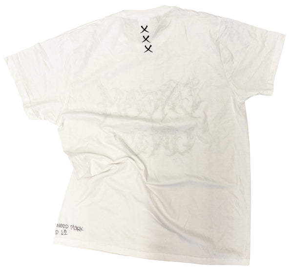 White t-shirt with black designs on a white background