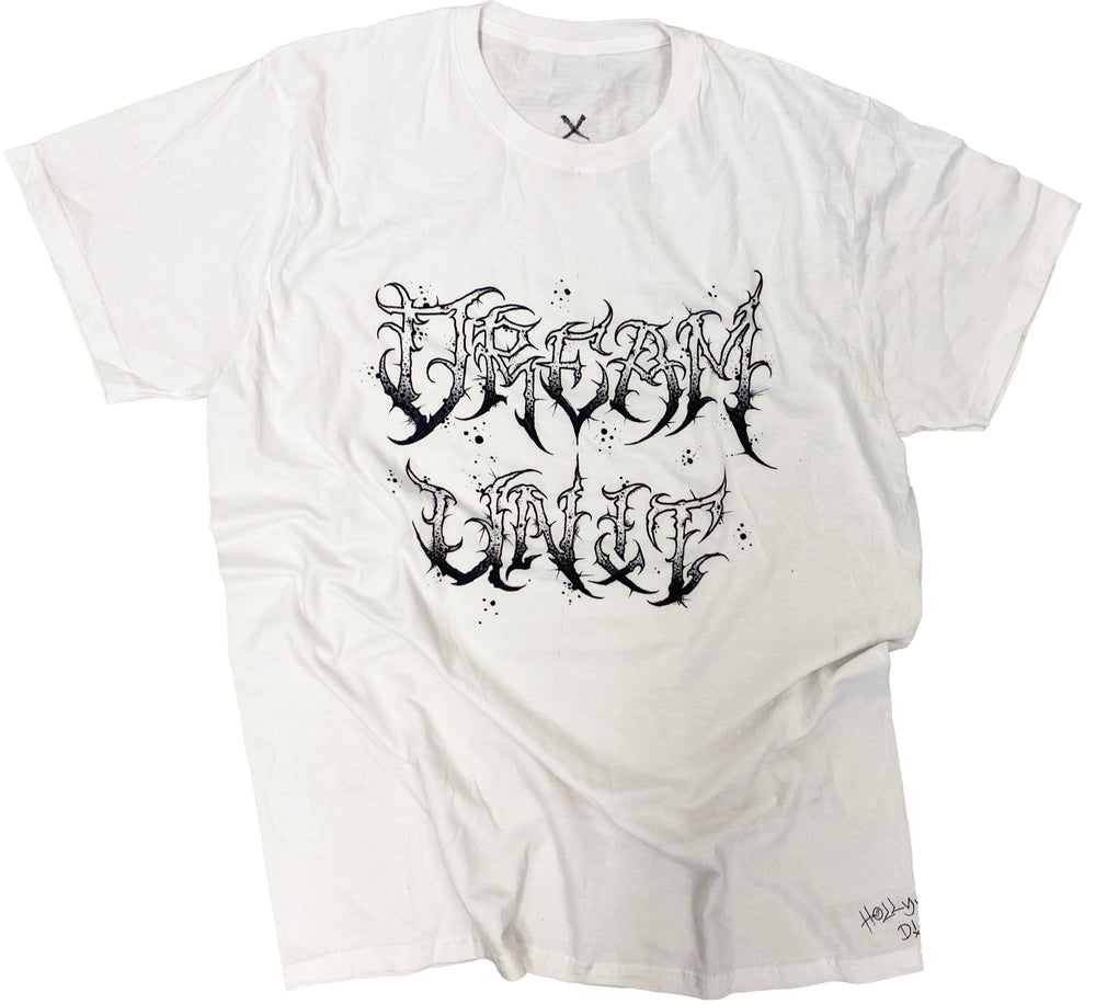 White t-shirt with black graphic design on a white background