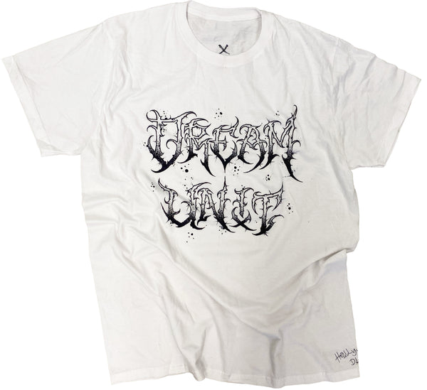 White t-shirt with black graphic design on a white background