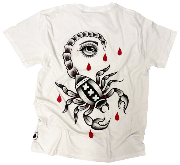 White t-shirt with scorpio graphic in black and red