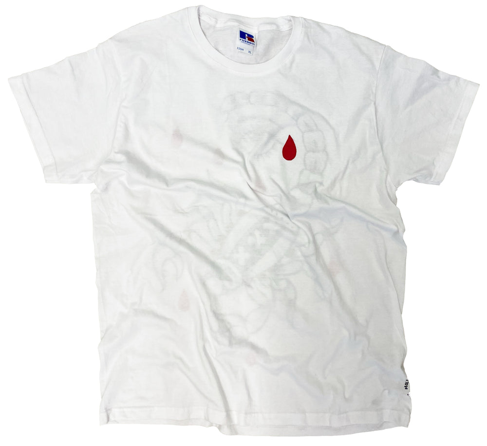 White t-shirt with a red droplet design on a white background