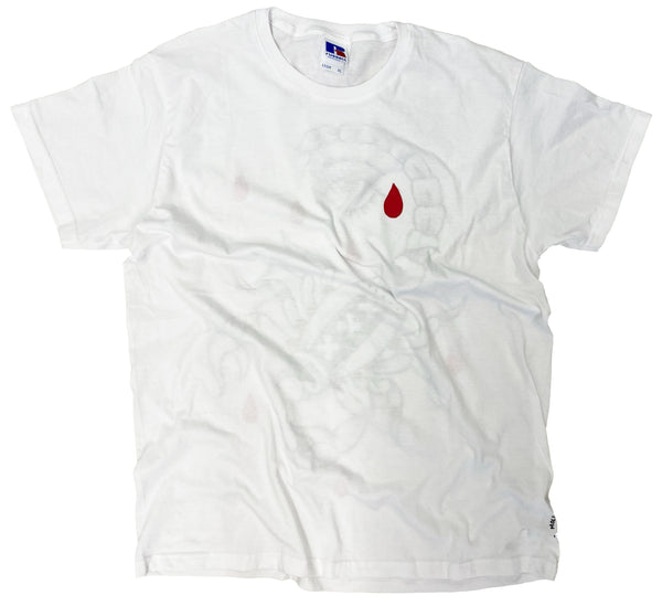 White t-shirt with a red droplet design on a white background
