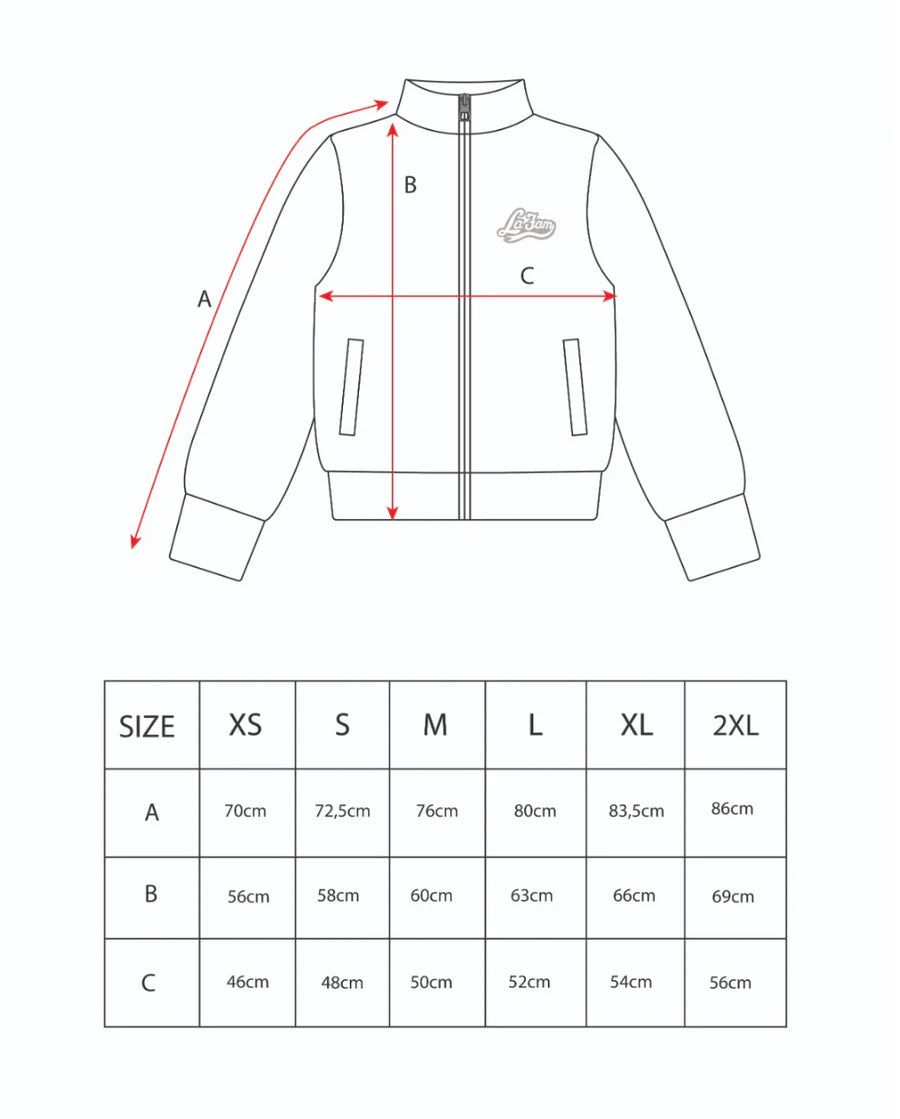 Measurement chart for a jacket with size chart on a white background