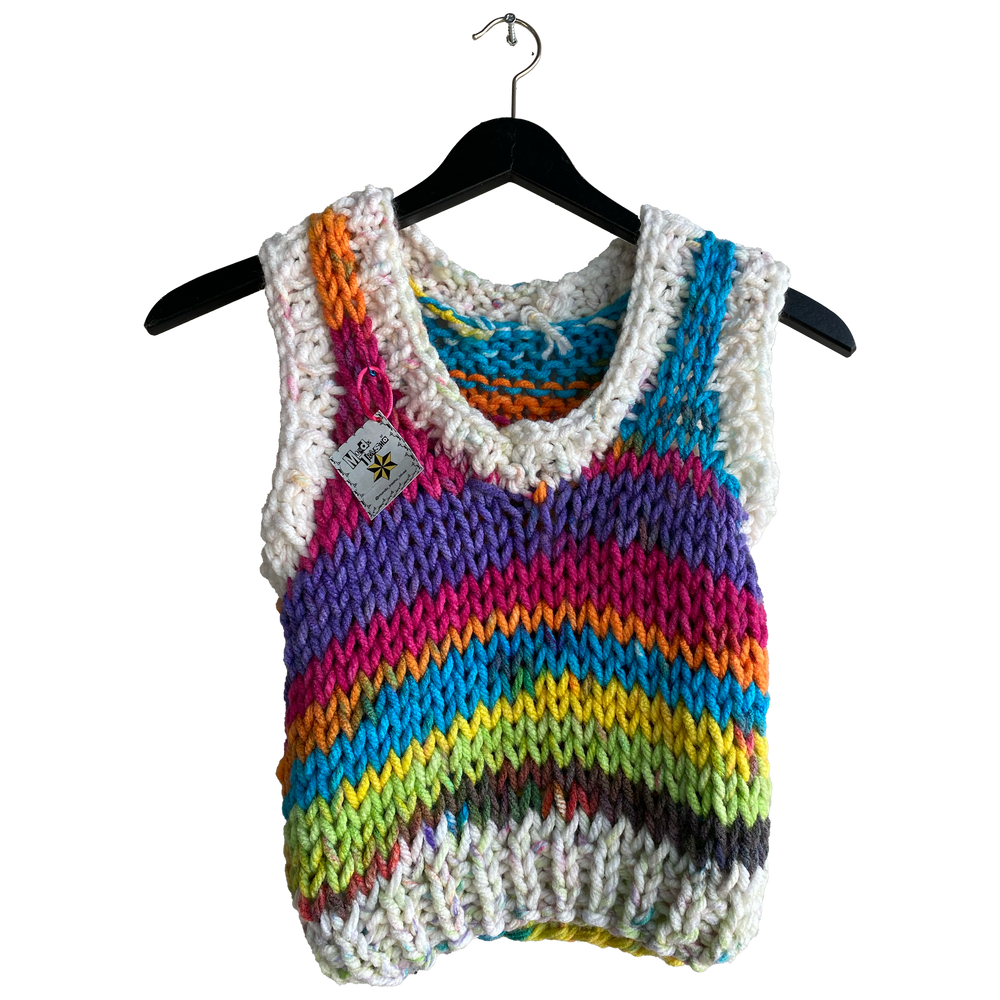 Hand-knitted V-neck rainbow vest by Mondo Trasho — product view