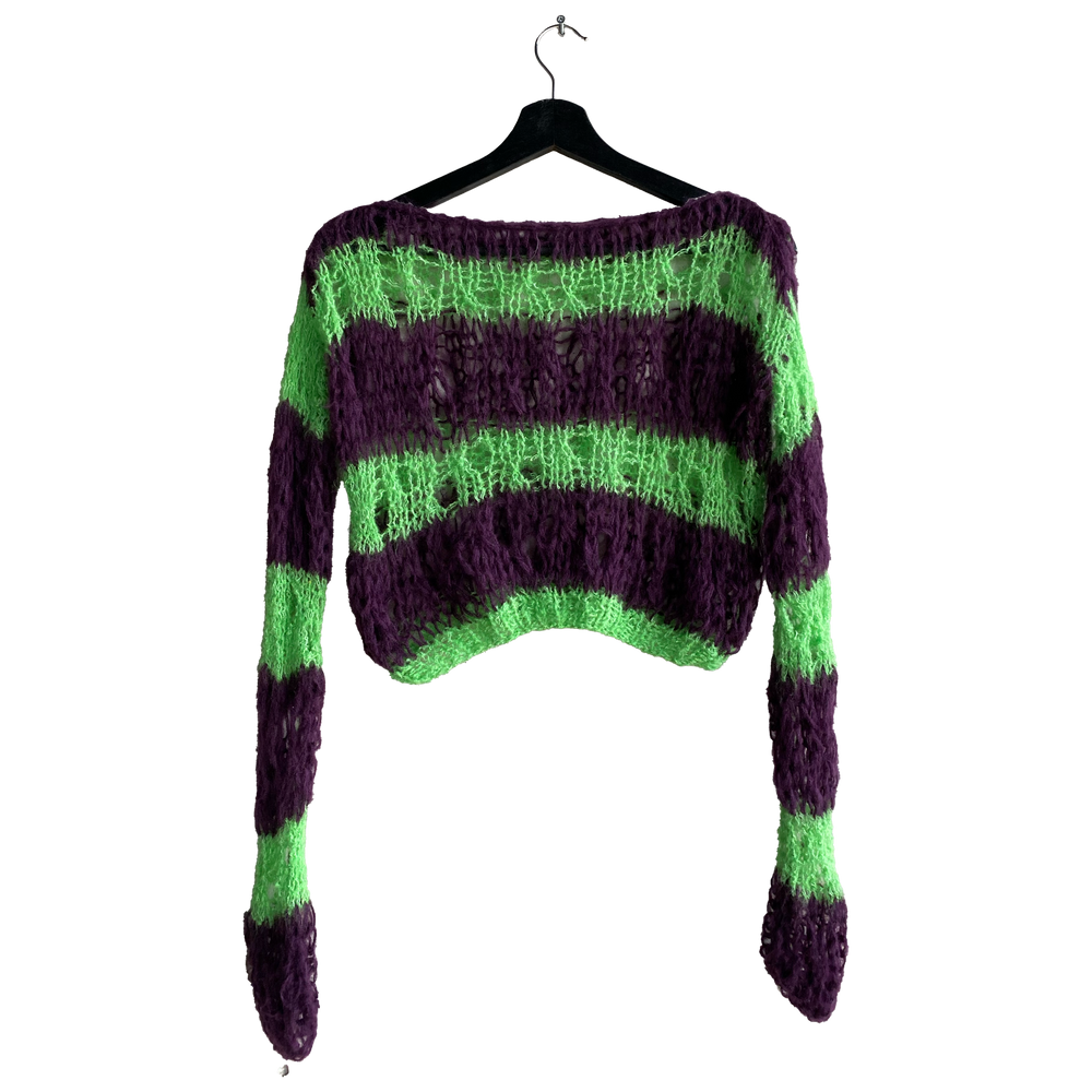 Handmade off-shoulder wool knitwear sweater by Mondo Trasho — product view