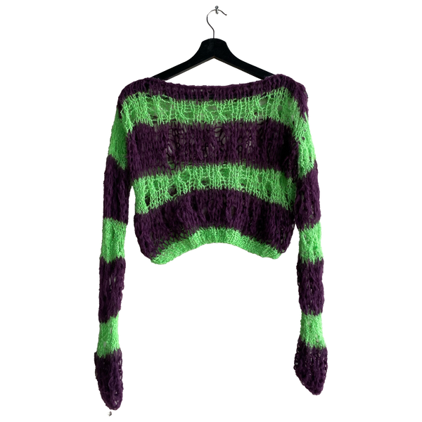 Handmade off-shoulder wool knitwear sweater by Mondo Trasho — product view